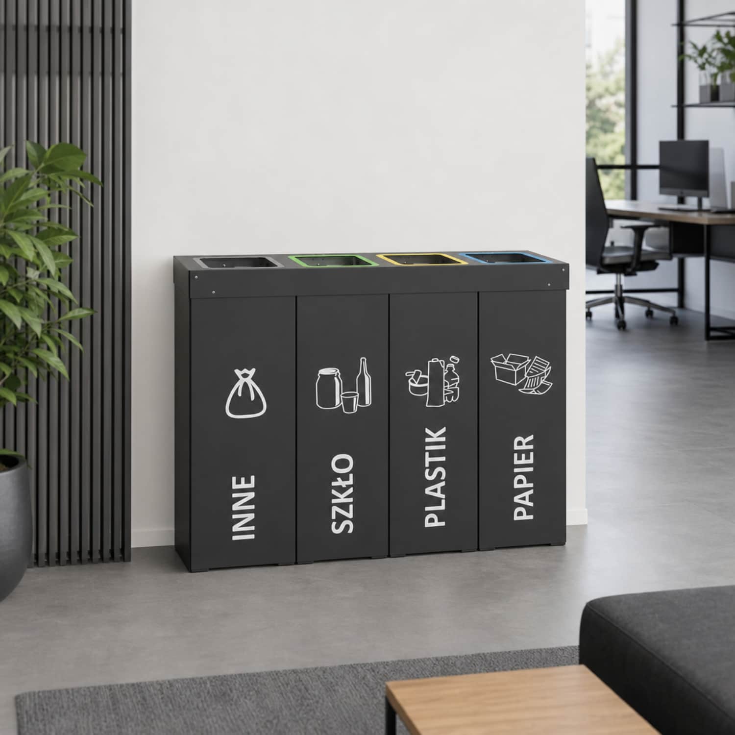 Kosz do segregacji odpad&oacute;w DENEB 4 x 70L w nowoczesnym biurze &ndash; czterokomorowy kosz do recyklingu na odpady zmieszane, szkło, plastik i papier.